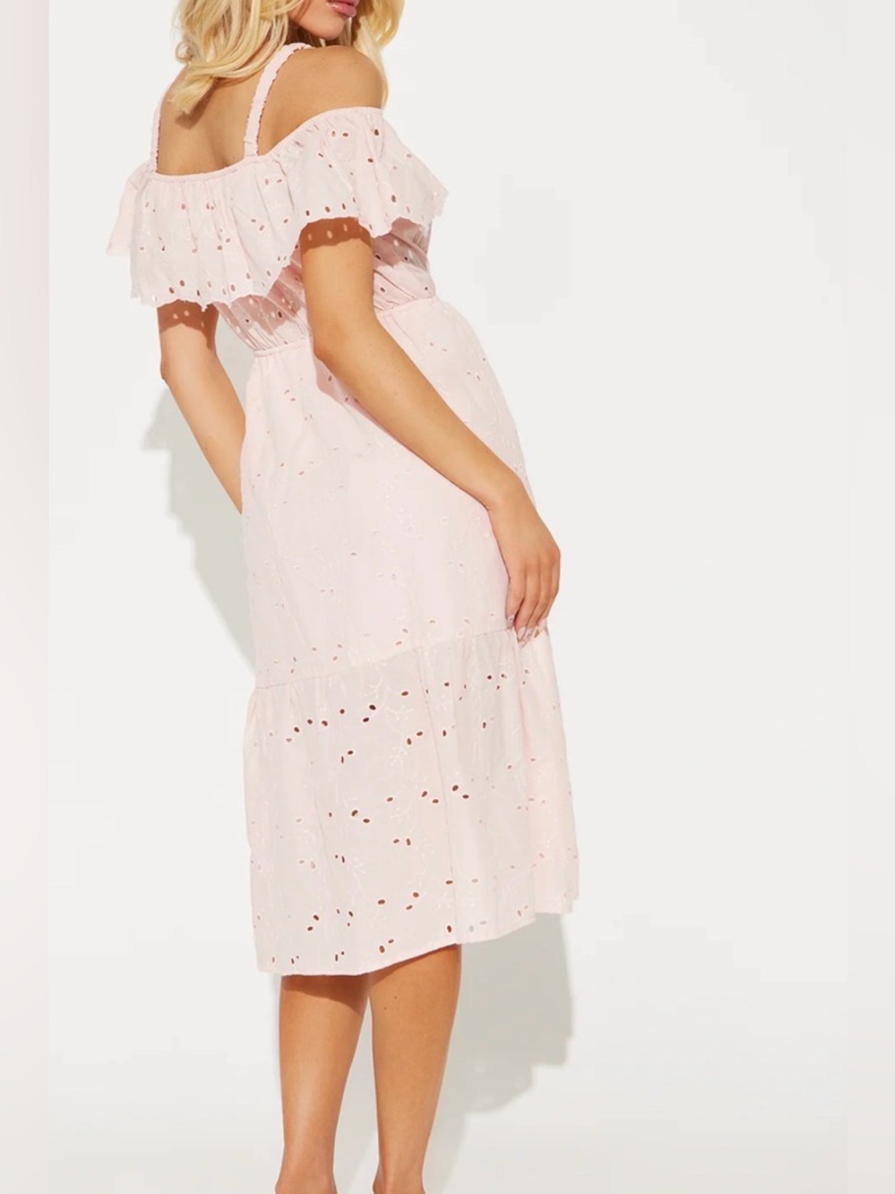Off-Shoulder Eyelet Midi Dress in Light Pink - Picture 3 of 3
